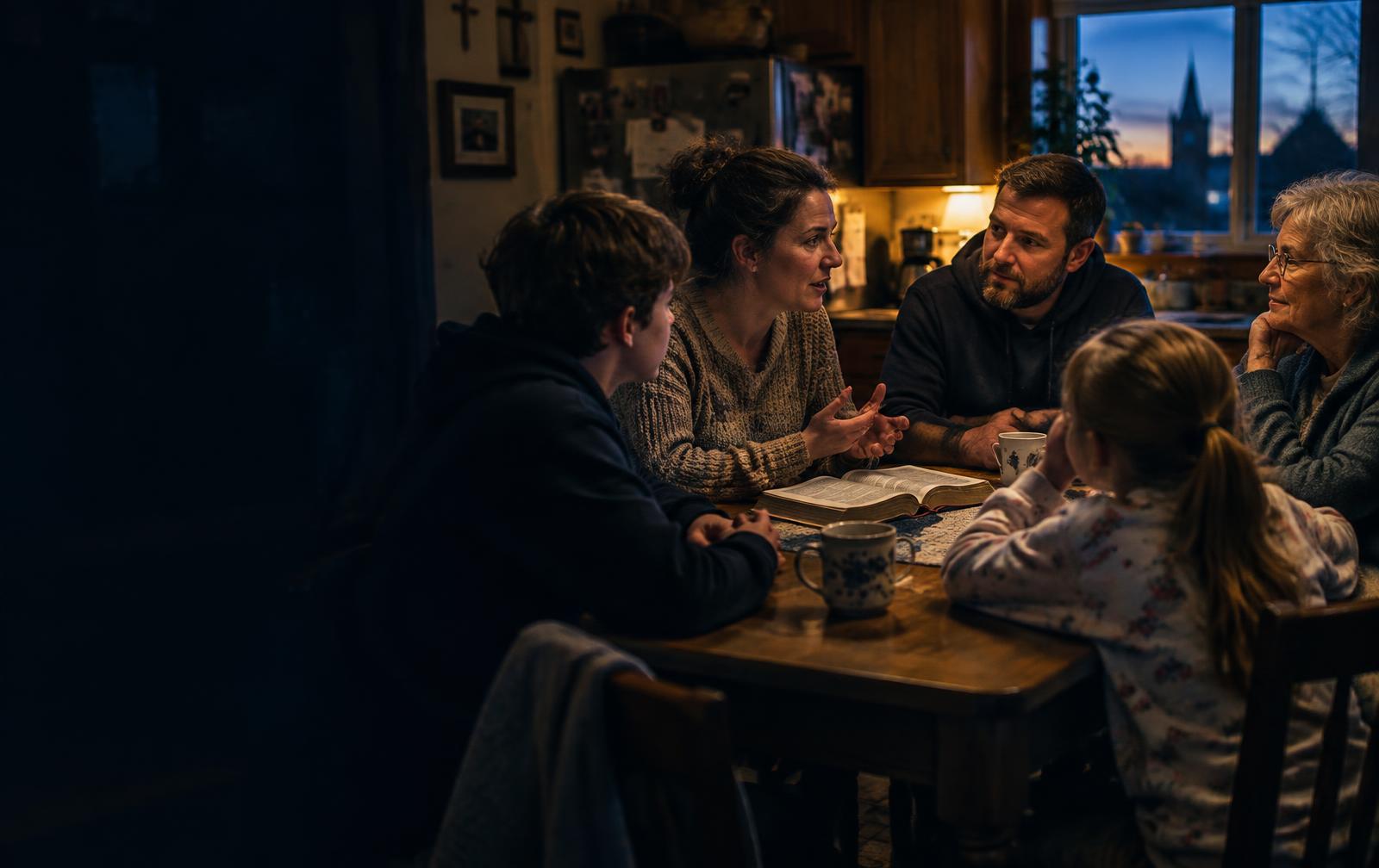 A family listening to one another around a kitchen table