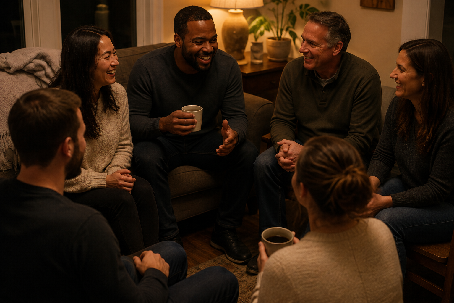 Friends of mixed ages seated in a circle in a lamplit living room with open Bibles and mugs