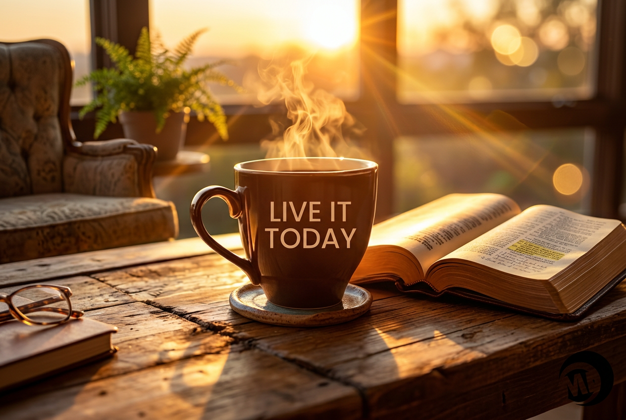 A steaming mug marked Live IT Today beside an open Bible at sunrise